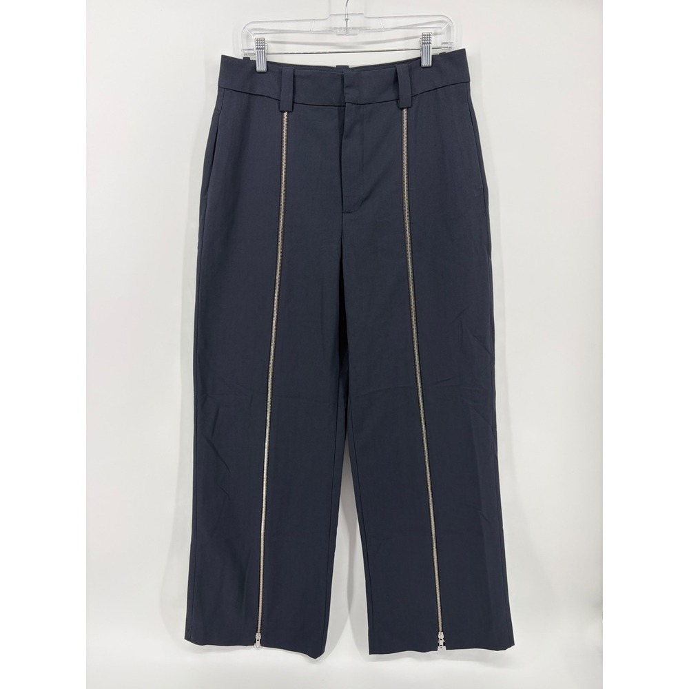 Zara Womens L Navy Blue Wide Leg Trousers Full Front Zip‎ High Rise Pants